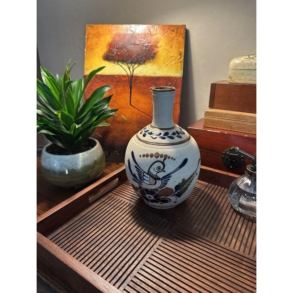 Vintage Hand-Painted Mexican Folk Art Vase - Rustic Pottery Bird & Floral Design